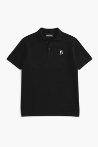 Black polo shirt with a logo on a white background