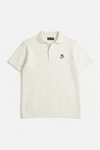 White polo shirt with a small logo on a white background